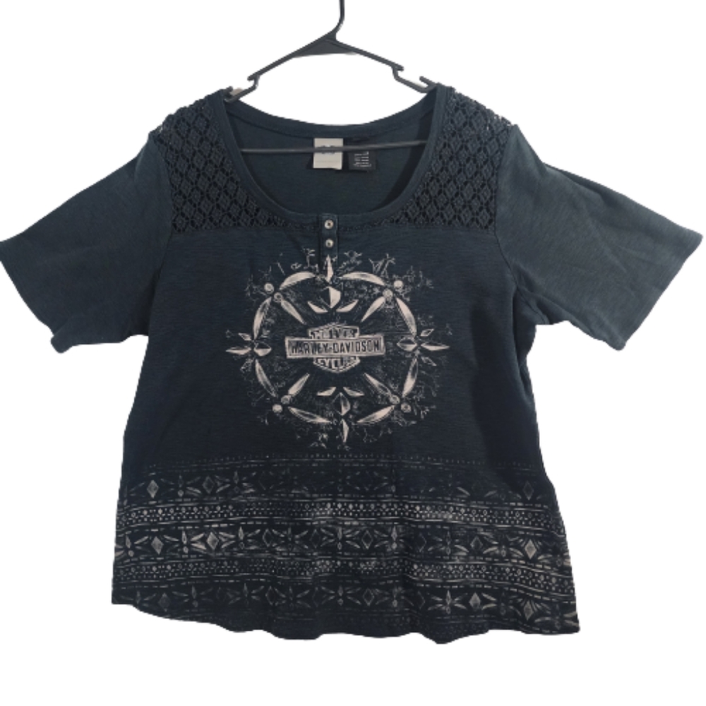 Harley Davidson black with Eyelet lace and bleached effect shirt top Size 2XL